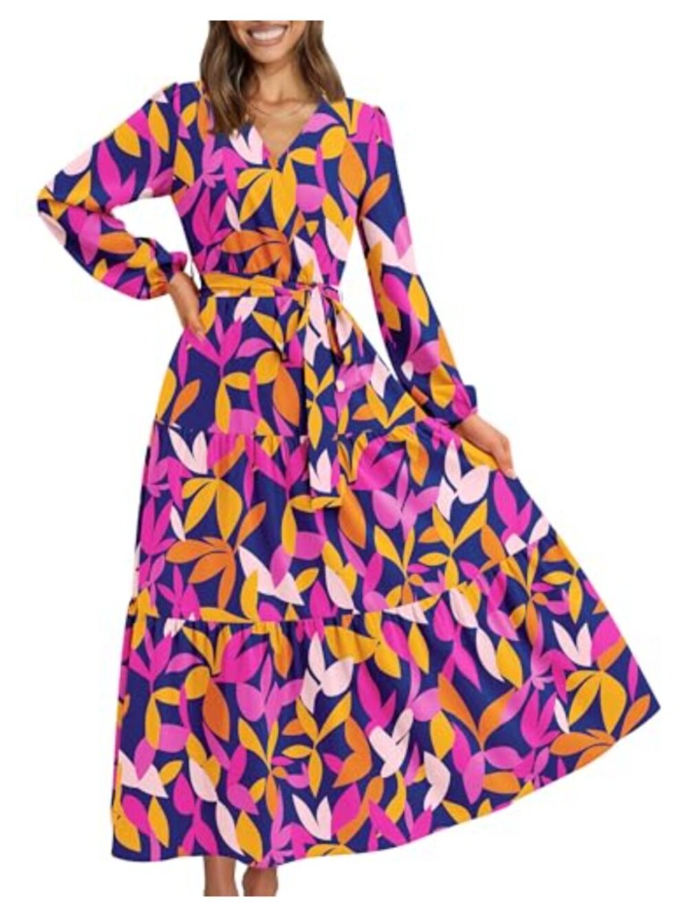 Womens Long Sleeve Wrap V Neck Ruffle Floral Maxi Dress Tie Waist Chiffon